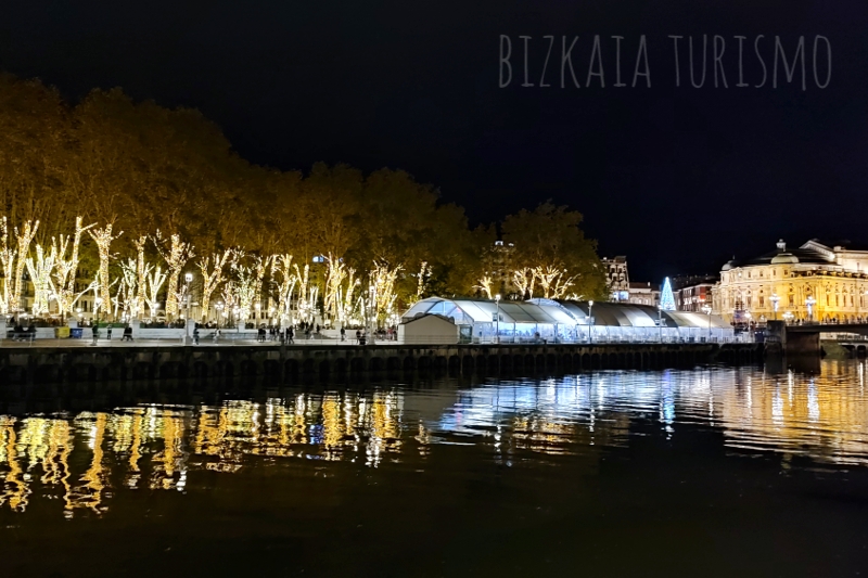Árboles decorados con luces en el paseo del Arenal en Bilbao, formando el bosque dorado típico de Navidad
